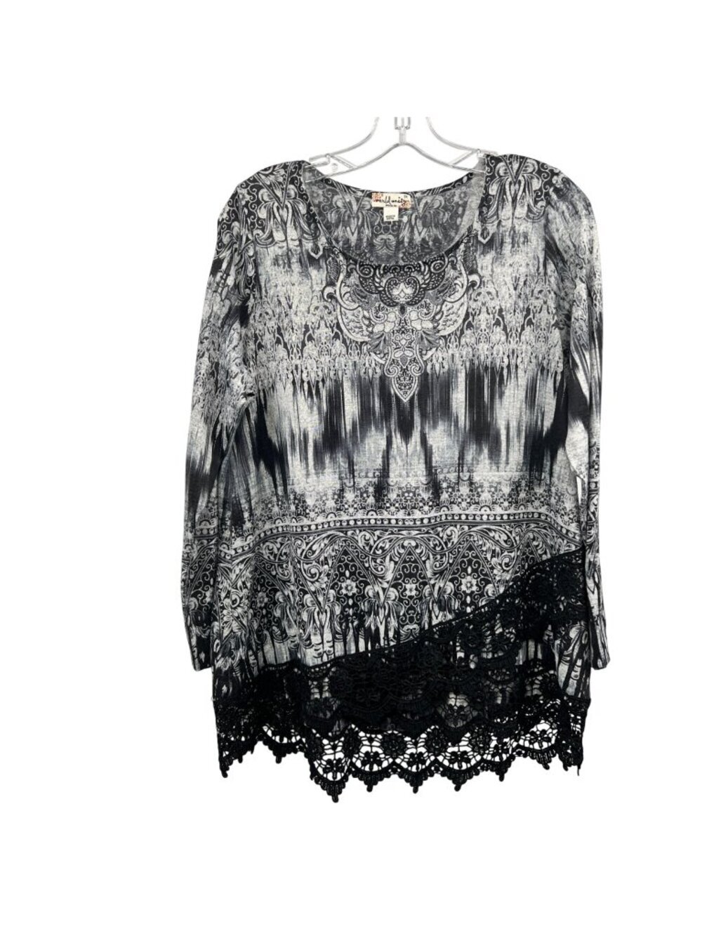 World Unity Womens Lightweight Sweater Lace Hem Black/Gray Size 0X